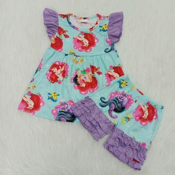 RTS otroci oblačila morska deklica design tiskanja morje baby dekleta undulacija rokav tunika zaledenitve ruffle hlače, obleke, otroci boutique obleke