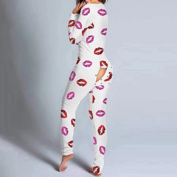 Seksi Ženske Pižame Tiskanja Izrezanka Funkcionalne Buttoned Zavihek igralne obleke Odraslih Klub Globoko Proti-vrat Gumb Design Salon Jumpsuit