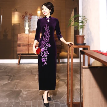 Sheng Coco Velur Vijolično Cheongsam Obleko Pav Cvetje Vezene Visoko Arhiv Dolgo Qipao Kitajska Obleka Ženske Obleke