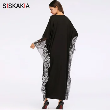 Siskakia Ženske noše Plus Velikost Jeseni Leta 2019 Fashion Lace Očesa Mozaik Oversize Jutranje Halje Dubaj Black Batwing Rokav Padec