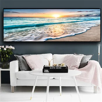 Sončni zahodi Naravno Morsko Plažo Skandinavskih Oljna slika na Platnu Plakatov in Fotografij Cuadros Wall Art Slike Za dnevno Sobo