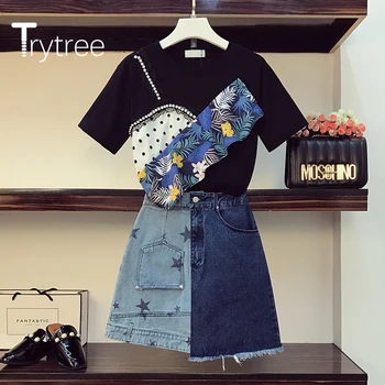 Trytree 2020 Poletje Ženske Dva Kosa iz Priložnostne O-vratu Mozaik Tiskanja Ruffles T-shirt Vrhovi + Krilo Star-line Mini 2 Delni Set