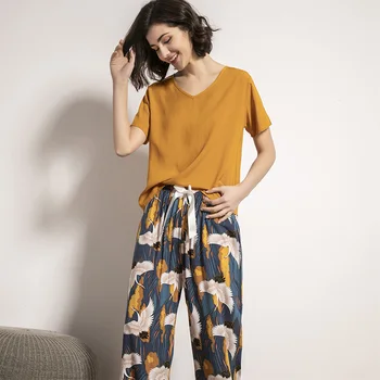 VDOGRIR 2020 Nove Ženske Pižame Določa Cvjetnim Natisne Pyjama Sleepwear Ženski Priložnostne V Vratu Kratek Rokav Elastični Pas More