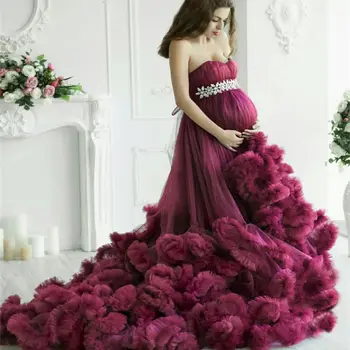 Vijolična Dolgo Porodniškega Obleko Luksuzni Ogrlicom Baby Tuš Porodniškega Obleke Photoshoot Kristalno Kopalni Plašč More Nosečnosti Obleke