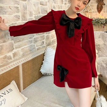Vintage Velur Ženske Obleke Z Dolgimi Rokavi Lok Ruffles Rdeča Mini Obleke, Elegantne 2021 Pomlad Jesen Korejska Stranka Vestidos Femme