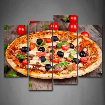 Wall Art Platno Slikarstvo Doma Dekor 4 Plošče Pizza S Meso In Sadje Sliko Modularni HD Tiskanje Plakata Za dnevno Sobo Okvir