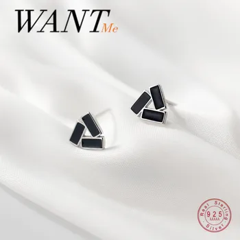 WANTME Moda korejski Pravi 925 Sterling Srebro Geometrijske Black Cirkon Trikotnik Stud Uhani za Ženske Teen Stranke Urada Nakit