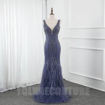 YQLNNE 2020 Luksuzni Modra Pero Dolge Večerne Obleke z Ruto V Vratu Okrasnih Til morska deklica Večerne Formalno Obleko