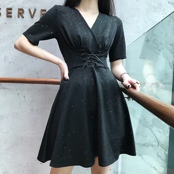 Črna Vintage Obleke Ženske A-Line Elegantno Obleko Pasu Vezna Up Poletje Moda