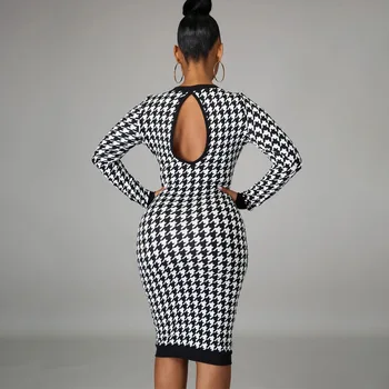 Črno Bel Houndstooth Natisnjeni Priložnostne Dolg Rokav Obleke Ženska Toplo Zimo 2020 Nove toplovodne O Vratu Moda za Ženske Obleko Slim