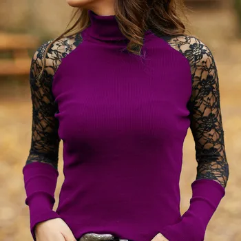 Ženske majice Priložnostne Lady Plesti Vrhovi Tees Čipke Mozaik Pozimi Femme Outwear 2XL Plus Velikost 2020 Jeseni Votlih Iz Modni G2138