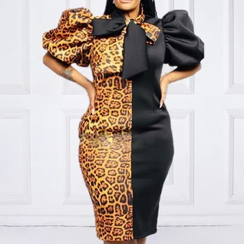 Ženske obleke Mozaik Leopard Mozaik z Bowtie Kratek Lanten Rokavi Slim Paket Hip Urad Ženske Elegantne Classy Oblačilih Nova