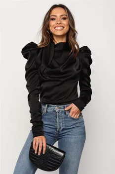 Ženske Saten Bluze 2019 Moda Visoko Vratu Dolgo Puff Rokav Črno Elegantno Bluzo Majica Urad Dama Klasičnih Blusas Srajca Femme