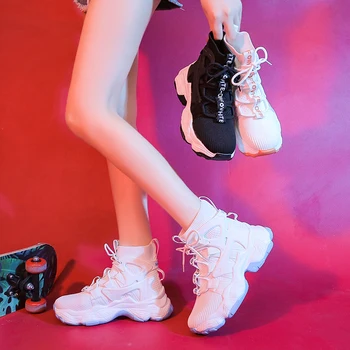 Ženske SneakersAutumn Dihanje Očesa Klin Superge Z Visoko Vrh Bele Priložnostne Močen Čevlji Ženske Zapatos De Mujer