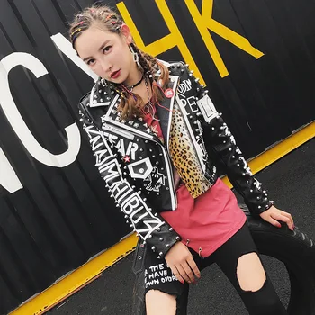 2019 Leopard Tiskanja PU Umetno Usnje Motoristična Jakna Coats Punk Rock Grafiti Vrhnja oblačila High Street Modne blagovne Znamke Ženske Kovice