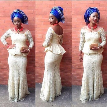 2019 Čipke Večerno Obleko Morska Deklica Nigerija Modni Stil Formalno Obrabe Zamah Vlak Off Ramo Afriške Prom Obleke Plus Velikost