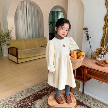 2020 Baby Otrok Dolg Rokav Vezenje Cvetlični Barva Puff Dolg Rokav Princesa Obleke Dekleta Jeseni Bombaž Moda Obleko