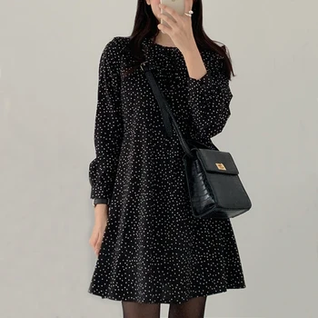 2020 Dolg Rokav O-vratu Sladko Obleke za Ženske Jupe Femme Jeseni Novo Žensko Obleko korejski Black Polka Dot A-line Vestidos