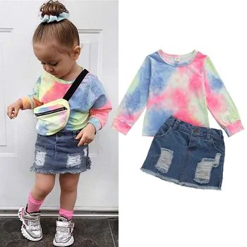 2020 Moda za Malčke Baby Dekleta Obleke, Kompleti, Tiskanje Dolg Rokav T Majice, Vrhovi+Denim Krila 2pcs