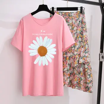 2020 Poletje korejski Moda Daisy Natisni T-shirt Krila Set za Ženske Ljubek Sladko Joker Dekleta Obleko Prijetno Bombaža, Kratek Rokav