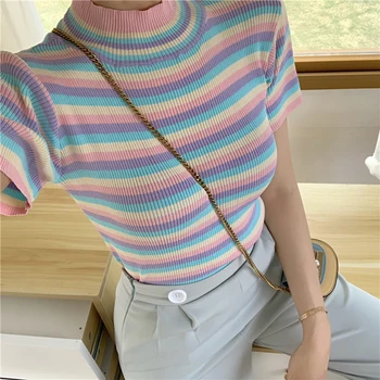 2020 Poletje Nov sladoled barve tee-shirt ženski mavrica prugasta slim pletenje kratke ženske t-shirt Vrh