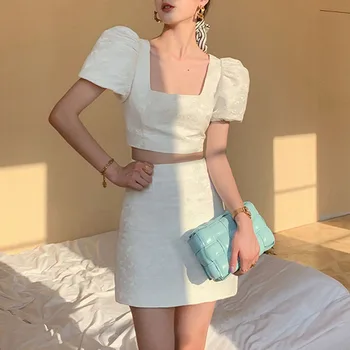 2021 Nove Elegantne Ženske 2-Delni Visoko Vratu Zabuhle Kratka Sleeved Kratka Bluza Visoko Pasu Mini Krilo Mozaik Obleko Ženski Trend