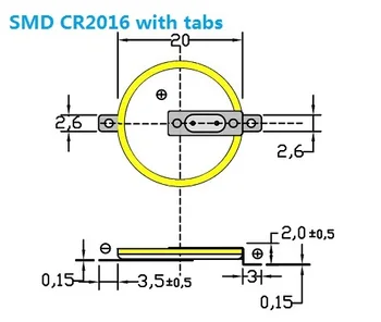 20pcs/Veliko Visoko kakovostnih SMD CR2016 gumb celice, baterije, z Zatiči/ Tabs,Vodoravni & Površinsko montažo vrsto PCB