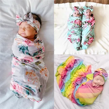 2pcs/set Newborn Baby Dekleta Fantje Spalna Vreča za Dojenčka Odejo Swaddle Zaviti Obleke Cvetlični Glavo Baby Sleepingsacks Obleko, Odejo