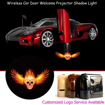 2x Angel Krila Gorečih Lobanje Logotip Wireless Laser Projektor Vrata Avtomobila Korak z Dovoljenjem Dobrodošli Luči Mlaka Duha Shadow LED Luči