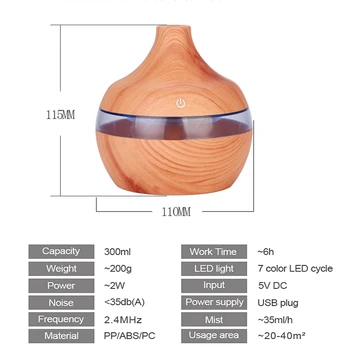 300 ml Aromo Difuzor USB Vlažilnik Ultrazvočni Aromaterapija Eterično Olje Difuzor Lesa zrn Vonj Megle Bi Z LED Luči