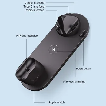 6 v 1 Qi Brezžični Polnilnik ABS Dock Postajo Za iPhone/Android/Tip-C Telefon 10W Hitro Polnjenje Stojalo Za Apple Watch AirPods Pro