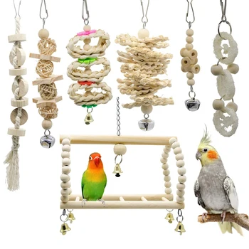 7 Paketi Ptica Papiga Swing Žvečilni Igrače - Naravnega Lesa, Ki Visi Zvon, Ptičje Kletke, Igrače, Primerne Za Majhne Parakeets Cockatiels Conures
