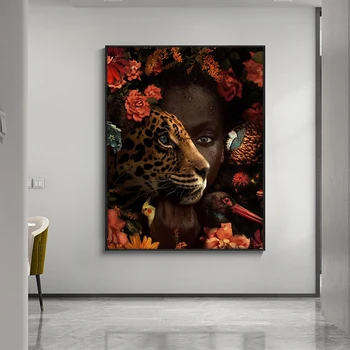 Afriške Umetnosti Črna Ženska Tiger Rose Ptica Oljna slika Cuadros Plakatov in Fotografij Wall Art za Dnevni Sobi Doma Dekor (Brez Okvirja)