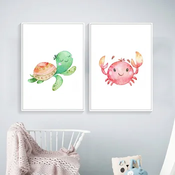 Akvarel Morska Deklica Morskih Živali Želva Platno Plakat Vrtec Wall Art Dekle Spalnica Dekoracijo Tiskanje Risanka Slikarstvo