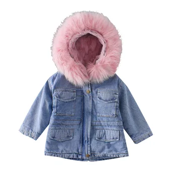 Baby dekleta' zimske jakne korejski 2-7 let starih otrok, zadebelitev in žamet traper suknjič big krzno ovratnik boyscotton jakna