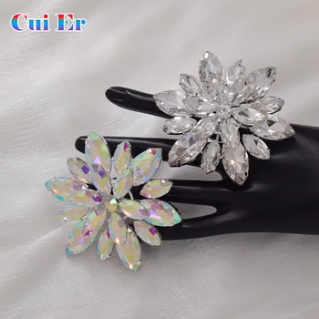 Big velikosti 7,6 cm Dveh plasti cvet ženske obroči nastavljiv nakit prstan za poroko kristali AB okrasnih obroč, nakit, srebrni