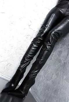 Botas mujer invierno black ženske čevlje z visoko stegno pete bota nad kolena čevlji konicami prstov dolgo ženski motocikel plus size47