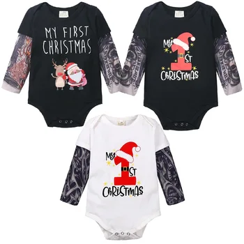 Božič Baby Bodysuit Z Lažnimi Tatoo Rokav Moda Srčkan Santa X'mas Novorojenčka Kostume Unisex Fant Dekle Jumpsuit Enega Kosa Vrh