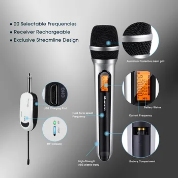 Brezžični Mikrofon, Alvoxcon vokalni ročni mikrofon s sistemom mini sprejemnik (1/4 palca (plug) za Karaoke, stopnji uspešnosti, DJ