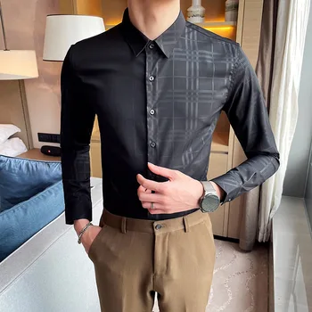 Britanski Stil Pomlad Novo 2021 Dolgimi Rokavi Moški Obleko Srajce Kariran Preprost Slim Fit Podjetje Formalno Obrabe Priložnostne Bluzo Homme 4XL-M