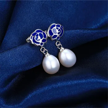 Dainashi Vroče Prodaje 925 Sterling Silver Blue Rose Spusti Uhani Pristen Naravnih Sladkovodnih Biser Uhani Visijo za Ženske