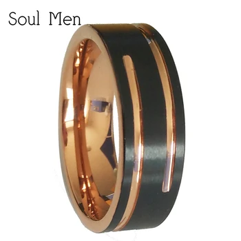 Duša Moški 8 mm Črna z Rose Gold Barvi Ring za Moški Volfram Poročni Bend, Udobje, Fit Mat Dve Utori Konča Velikost 8-13
