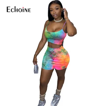 Echoine ženske trenirko tie-dye metulja print špageti trak vrhovi hlače jogger sweatpants bo ustrezala dva kosa iz Stranke ujemanje