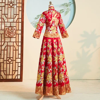 Elegantna Vezenina Cheongsam Kitajski Vintage Stil Žensk Qipao Lady Phoenix Saten Nevesta Poročni Obleki Zveze Obleko Obleko