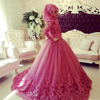 Elegantno Muslimanskih Poroka Obleke, Dolge Rokave Visoko Vratu Čipke Aplicirano Islamske Poročno Obleko Letnik Dubaj Poročne Halje z Hidžab