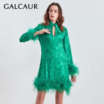 GALCAUR Mozaik Pero Obleke Ženska River Dolg Rokav Natisnjeni Tassel Mini Ženske Zelena Obleka Modna Oblačila 2020 New Tide