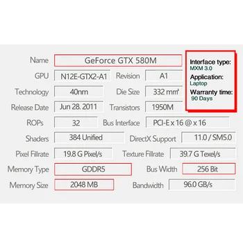 GTX580M GTX 580M GDDR5 2GB N12E-GTX2-A1 Grafike, Video Kartico Z X-Nosilec Za Dell Alienware M17X R2 R3 R4 M18X Test Dobro