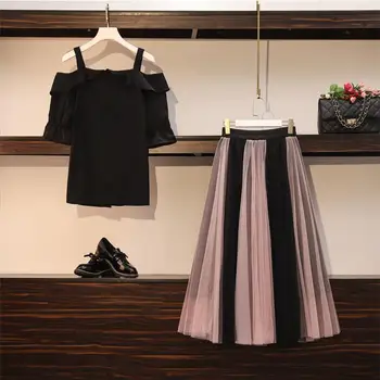 ICHOIX 2PCS Nastavite Plus Velikost L-4XL Black Off-ramo Vrh+ Naguban Dolgo Krilo Ženske Dva Kosa Obleko Eleganten Stranka Obleke