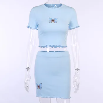 InstaHot poletje dva kosa iz ženske krila in obreži zgoraj metulja print blue soft ruffle 2020 eleganten casual 2 delni set obleko