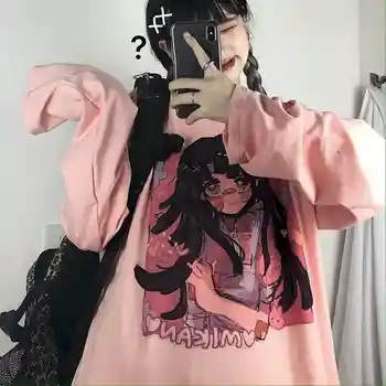 Japonska sladko tshirt ženske t shirt ins Harajuku bf retro vrhovi anime dekle tisk svoboden dolgo sleeved majica s kratkimi rokavi ženske študentov vrh